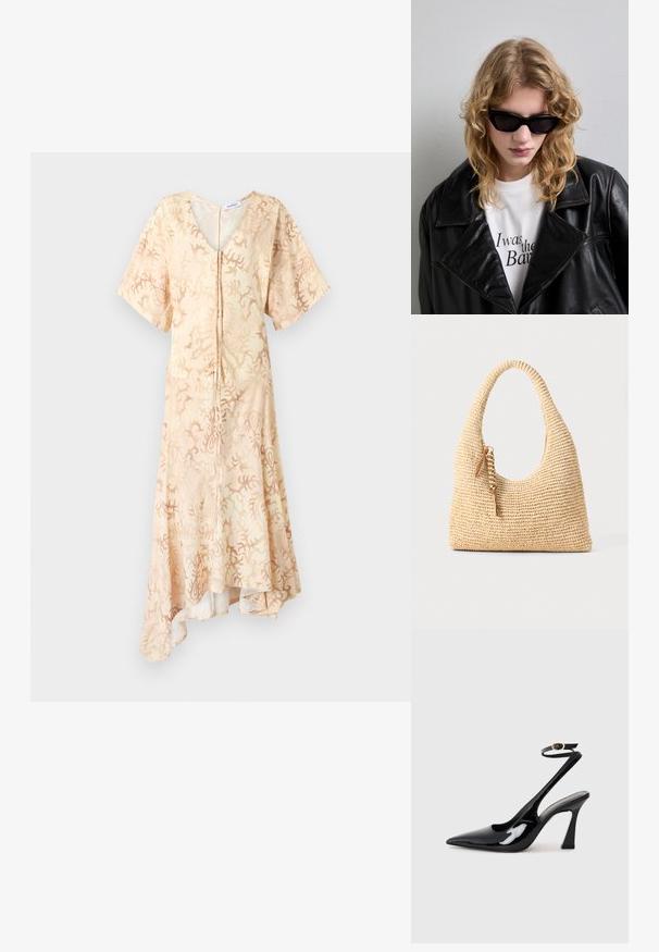Kratka oblekica s kratkimi rokavi in V-izrezom iz svetlo bež tkanine z abstraktnim koralnim vzorcem, z gumbi na sprednji strani in asimetričnim robom.; Črne patentne usnjene slingback visoke pete s koničastim nosom, nastavljivim gležnjastim trakom in zmerno blokasto peto. Gladka tekstura z bleščečim zaključkom.; Črne sončna očala s spremenljivo, kotno obliko. Model nosi črno usnjeno jakno preko bele majice s tiskanimi besedami, na nevtralni podlagi.; Tkanirana bež torba z ukrivljenim ročajem, teksturirano površino in rjavim detajlom s pomponom. Ima ohlapen, hobo obliko.