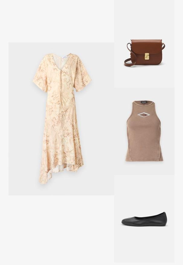 Rövid ujjú, V-nyakú ruha világos bézs anyagból, absztrakt korall mintával, gombos felső résszel és aszimmetrikus szegéllyel.; Barna bordázott ujjatlan top, kerek nyakkivágással és gyémánt alakú kivágással, ezüstszínű részletekkel.; Fekete bőr balettcipő lekerekített orral, sima tekstúrával, minimális varrással és rugalmas talp kialakítással.; Barna bőr kézitáska, hajtókás zárással, arany színű fém kiegészítőkkel, vállpánttal és sima felülettel. Kompakt téglalap alakú.