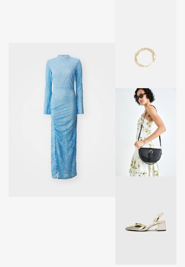 Šviesiai mėlyna nėrinių suknelė su ilgomis rankovėmis ir aukštu kaklu. Suknelė turi prigludusią siluetą ir šoninius plyšius, pabrėžiančius gėlių raštus ir tekstūrą.; Auksiniai, metaliniai slingback aukštakulniai bateliai su smailiu pirštu ir masyviu kulnu. Lygus paviršius, minimalizmo dizainas ir siaura juostelė.; Juodas odinis krepšys su išlenkta forma, nuimamu dirželiu ir auksiniais detalėmis. Krepšys turi kilpą su sagtimi.; Auksinės spalvos žiedas, turintis organišką, sukimosi dizainą su lygiu paviršiumi ir siaurėjančiais galais, sukuriantis modernią skulptūrinę išvaizdą.