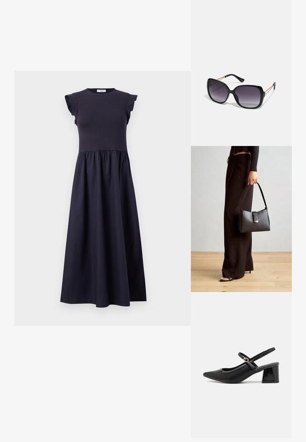 Mornarica obleka, ki ima oprijet korpus, volanaste kratke rokave in razširjeno krilo z nabranim pasom. Narejena iz gladkega, lahkega materiala.; Črne patentne usnjene salonarce s slingback obliko, s koničastim nosom, zaobljenim izrezom in blok peto. Imajo zlato kovinsko zaponko kot dodatno okrasje.; Črne prevelike sončne očala z degradacijskimi lečami, debelimi okvirji in zlatimi verižicami na ročajih.; Črna torbica z strukturirano obliko, gladko teksturo in kovinskim zaponko. Ujemajo se z širokimi črnimi hlačami in odprtimi sandali na lesenem tleh.