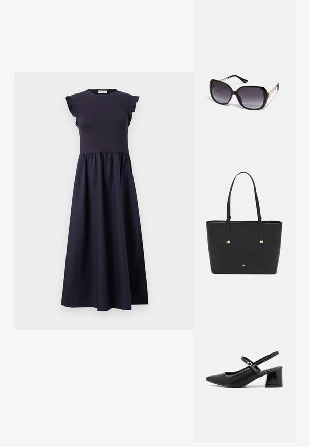 Námořnické šaty s těsným korzetem, volánkovými rukávy a rozšířenou sukní se staženým pasem. Vyrobeno z hladkého, lehkého materiálu.; Černé lakované lodičky s otevřenou patou, špičatou špičkou, zaobleným střihem a blokovým podpatkem. Zdobené akcentem v zlatém tónu.; Černé oversized sluneční brýle se gradientními skly, silnými rámy a zlatými řetízkovými detaily na nožičkách.; Černá taška přes rameno vyrobená z umělého materiálu, s jednoduchým obdélníkovým designem, zlatými čtvercovými akcenty a dvojitými uchy.