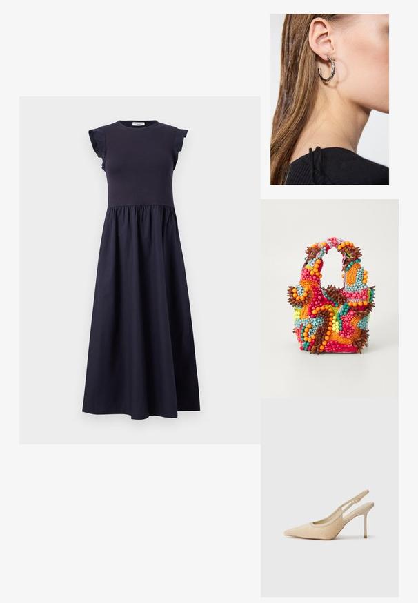 Mornarska haljina s uskim korzetom, naboranim kratkim rukavima i lepršavom suknjom koja se skuplja u struku. Izrađena od glatkog, laganog materijala.; Bež sandale na petu s uskim vrhom, izrađene od teksturiranog materijala, s tankom petom i podesivom trakom.; Torba od perlica s vibrantnim bojama: ružičasta, narančasta, plava i smeđa. Teksturirana površina s okruglim perlicama i organskim oblicima, čvrste ručke.; Srebrna kružna naušnica s poliranim završetkom, koja ima male zlatne detalje i okrugli oblik, nošena na uhu.