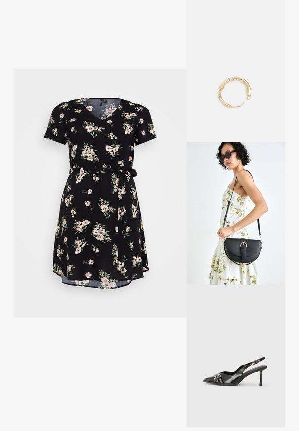 Črna cvetna obleka s kratkimi rokavi, V-izrezom in pasom. Ima cvetni vzorec v beli in roza barvi ter tekoč in mehak material.; Črne patentne usnjene sandale s koničastim nosom, zankami okoli gležnja s srebrnimi sponkami in opremo ter vitkimi petami.; Črna usnjena torbica s ukrivljeno obliko, z odstranljivo naramnico in zlatimi dodatki. Torbica ima pokrov s podrobnostmi v obliki zaponke.; Zlati prstan s organskim, zvitim dizajnom, gladko površino in taperiranimi konci, ki ustvarja modernega, skulpturalnega videza.