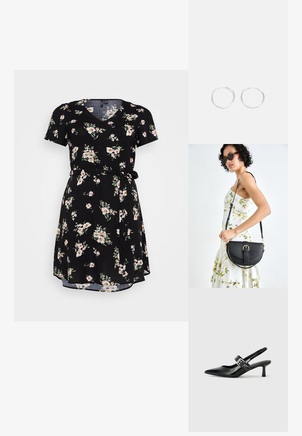 Czarna sukienka w kwiaty z krótkimi rękawami, dekoltem w kształcie litery V i wiązaniem w pasie. Charakteryzuje się kwiatowym wzorem w białym i różowym kolorze, a także zwiewną, miękką tkaniną.; Czarne lakierowane szpilki slingback z wąskim noskiem i małym słupkiem, z ozdobnym srebrnym klamrą na pasku.; Czarna skórzana torebka o zakrzywionym kształcie, z odpinanym paskiem i złotymi akcentami. Torebka posiada klapę z zapięciem w kształcie klamry.; Srebrne kolczyki w kształcie obręczy o gładkim, okrągłym designie, charakteryzujące się gładką powierzchnią i brakiem widocznych ozdób. Średnica nieokreślona.