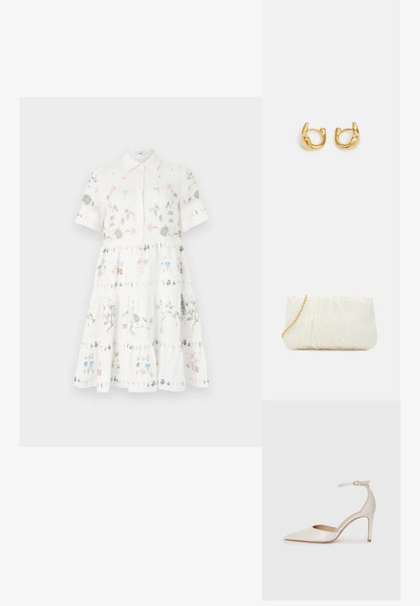Fehér, rövid ujjú ruha, gallérral, pasztell színű virágmintákkal, réteges kialakítással és gombos elülső záródással.; Fehér bőr, magassarkú cipő hegyes orral, bokapánttal és vékony tűs sarkal. Simaszövet, finom fényes felülettel.; Fehér, textúrált kistáska gyűrött dizájnnal, arany lánc pánttal. Simító felület finom hullámokkal és lekerekített élekkel.; Arany karika fülbevalók sima, lekerekített kialakítással, fényes felülettel. A fülbevalók kompakt, tömzsi formájúak, és zökkenőmentes kapoccsal rendelkeznek.