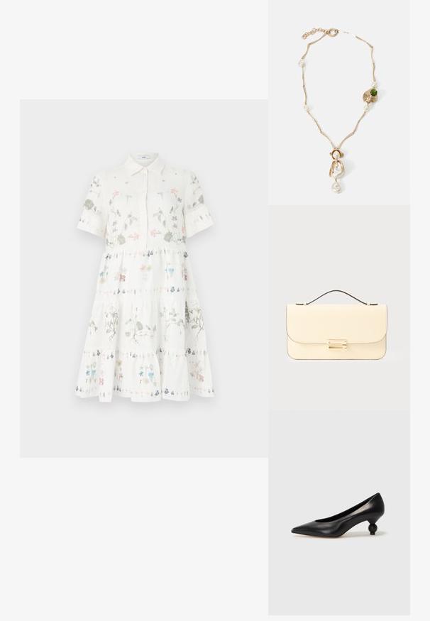 Bílé krátké šaty s límečkem, zdobené květinovými potisky v pastelových barvách, s volánkovým designem a zapínáním na knoflíky vpředu.; Černá kožená vysoká bota na podpatku s špičatou špičkou a kulatým, zaobleným podpatkem. Hladká textura s elegantním, minimalistickým designem.; Krémová kožená kabelka s horní rukojetí a zlatým obdélníkovým klipem na jednoduchém světlém pozadí.; Zlatý náhrdelník s propletenými články, bílými perlami a akcentem zeleného kamene. Obsahuje složité detaily a zapínání.