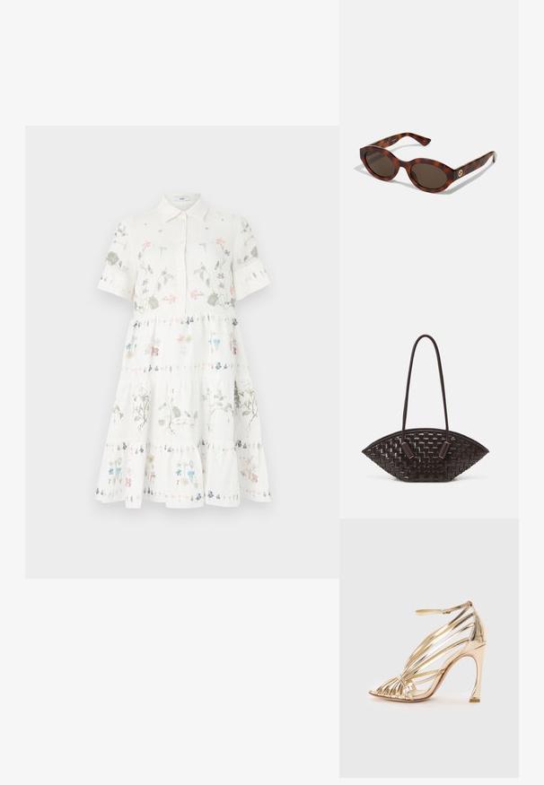 Abito bianco a maniche corte con colletto, caratterizzato da stampe floreali in colori pastello, design a strati e chiusura frontale con bottoni.; Sandalo dorato con tacco alto e arricciato, punta aperta e finitura lucida. Presenta diverse cinghie metallizzate che attraversano il piede.; Occhiali da sole in tartaruga con montatura arrotondata, lenti scure e dettagli in oro sul tempio. Materiale in plastica liscia, senza schemi visibili.; THEMOIRè OLIMPIA - Borsa a mano - fondant