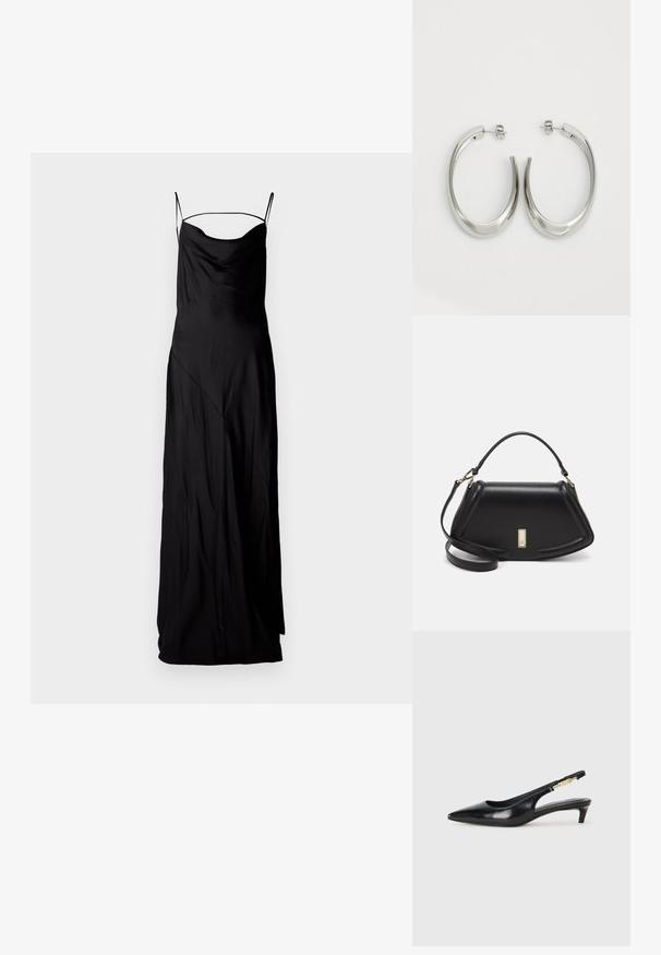 Musta satiininen pitkä mekko, jossa on ohuet säädettävät hihnat, pyöreä pääntie ja vino sauman muotoilu, ja joka omaa sileän, valuva tekstuurin.; Mustat nahkaiset slingback-korkokengät, joissa on terävä kärki, ohuet korot ja kultasävytteinen yksityiskohta säädettävässä hihnassa. Silkkinen pinta.; Mustalla nahkalaukulla, jossa on jämäkkä muotoilu, lyhyt malli, yläkahva ja kultaiset yksityiskohdat. Säädettävä olkahihna sisältyy.; Hope hopeista, joissa on sileä, kaareva muotoilu. Varustettu kiiltävällä metallipinnoitteella ja nappikiinnityksellä. Ei näkyviä kuvioita tai koristeluja.