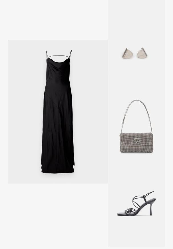 Musta satiininen pitkä mekko, jossa on ohuet säädettävät hihnat, pyöreä pääntie ja vino sauman muotoilu, ja joka omaa sileän, valuva tekstuurin.; Mustat korkokengät sandaalit, joissa on ohuet hihnat solmittuna, sileä neliön muotoinen varvasosa ja tyylikäs stiletto-korko.; Vaalea harmaa metallinen käsilaukku, jossa on ketjusanka. Laukku on koristeltu pienillä pyöreillä metallikoruilla ja kolmion muotoisella brändilogolla.; Hopea metalliset korvakorut, joissa on sileä, pisaramainen muoto ja kiillotettu pinta. Huomaamattomat kaiverrukset lisäävät yksityiskohtia. Minimalistinen muotoilu.