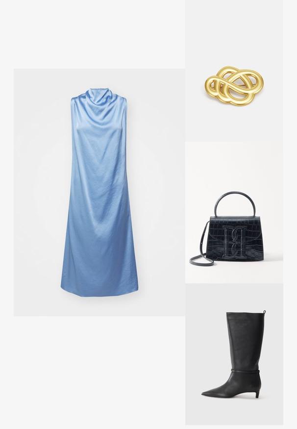 Tiger of Sweden ODYSS - Koktailové šaty/večierkové šaty - dusk blue; Čierne kožené vysoké čižmy po kolená s špicatou špičkou, s okrúhlym remienkom okolo členku a nízkym, zúženým podpätkom. Hladký povrch.; Čierna kabelka z krokodílovej embosovanej kože so štruktúrovaným dizajnom, horným uchom, nastaviteľným popruhom a výrazným predným logom.; Brošňa v zlatej farbe s uzlovým dizajnom, hladkými, zakrivenými líniami a zložitým tvarom, ktorá odráža leštený povrch.
