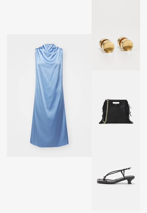 Tiger of Sweden ODYSS - Koktailové šaty/večierkové šaty - dusk blue; Čierne kožené sandále s tenkými remienkami, nízkym blokovým opätkom a štvorcovou špičkou. Majú pracku na uzatvorenie a hladký povrch.; Čierna kožená kabelka s strapcami, zlatým reťazovým ramenným popruhom a vykrojenou rukoväťou. Na prednej strane sa nachádza logo.; Zlaté kovové náušnice so jednoduchým okrúhlym tvarom, ktoré majú hladký povrch a centrálne lesklé pásiky. Majú priemer približne 1 cm.