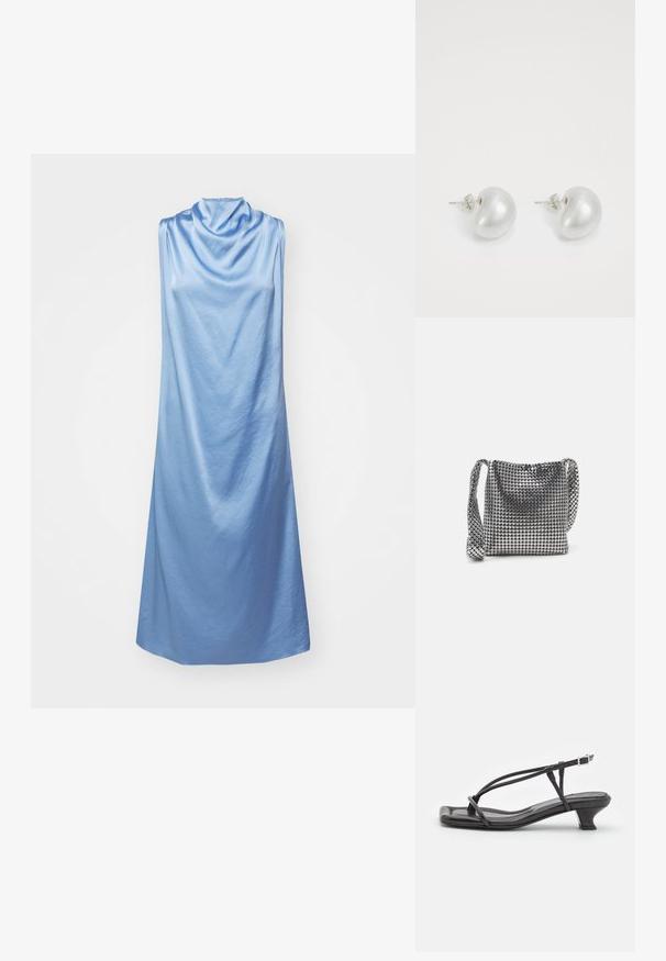 Tiger of Sweden ODYSS - Koktélruha / Partiruha - dusk blue; Fekete bőr szandál vékony pántokkal, alacsony blokk sarkú és négyzetes orrú. Csattal záródik és sima textúrájú.; Fémes ezüst kézitáska, amely apró kerek korongokból álló hálószerű kialakítással rendelkezik, vállpánttal és puha, kerek formával.; Ezüst gyöngy fülbevalók, ívelt, bab forma. Simább, fényes felület és rögzített kapocs és hátlap.