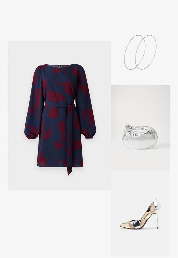 Jūras zila kleita ar bordo abstraktu rakstu, garām pūkainām piedurknēm, sašaurinātu vidukli ar saitēm un apaļu kakla izgriezumu. Gluda, viegla audi.; Apspīlēta augstpapēžu kurpe ar zeltītu, sudrabi un neitrālu krāsu kombināciju. Spīguļojoša virsma ar izgriezuma dizainu, aprīkota ar stiletto papēdi.; Sudraba metāliska poga somiņa ar mīkstu, noapaļotu formu un mezgla augšējo aizdari. Izgatavota no gludas mākslīgās ādas materiāla.; Sudraba gredzenveida auskari ar minimālistisku dizainu. Cirkulāra forma, gluda tekstūra un plāns profils. Vieglu svaru ar spīdīgu apdari.