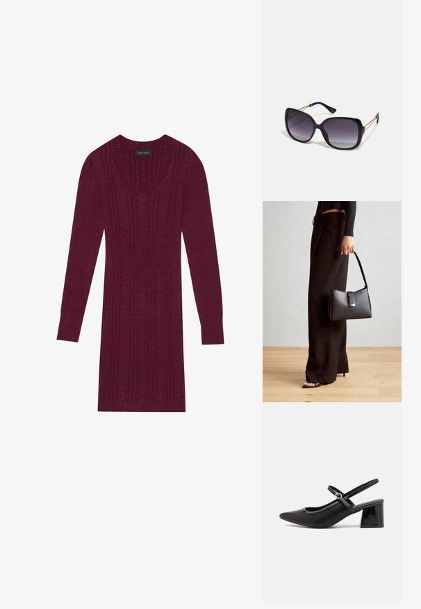 Vestido tricotado bordo com decote em V, mangas longas, punhos canelados e um padrão de ponto de cable por toda a peça. Design de cintura ajustada.; Sabrinas de cerâmica preta com salto bloco, bico apontado e um design com recortes arredondados. Apresenta um detalhe em fivela de tom dourado.; Óculos de sol oversized pretos com lentes degradê, armações grossas e detalhes em corrente dourada nas hastes.; Bolsa preta com forma estruturada, textura suave e um fecho metálico. Combinada com calças largas pretas e sandálias de salto aberto sobre um chão de madeira.