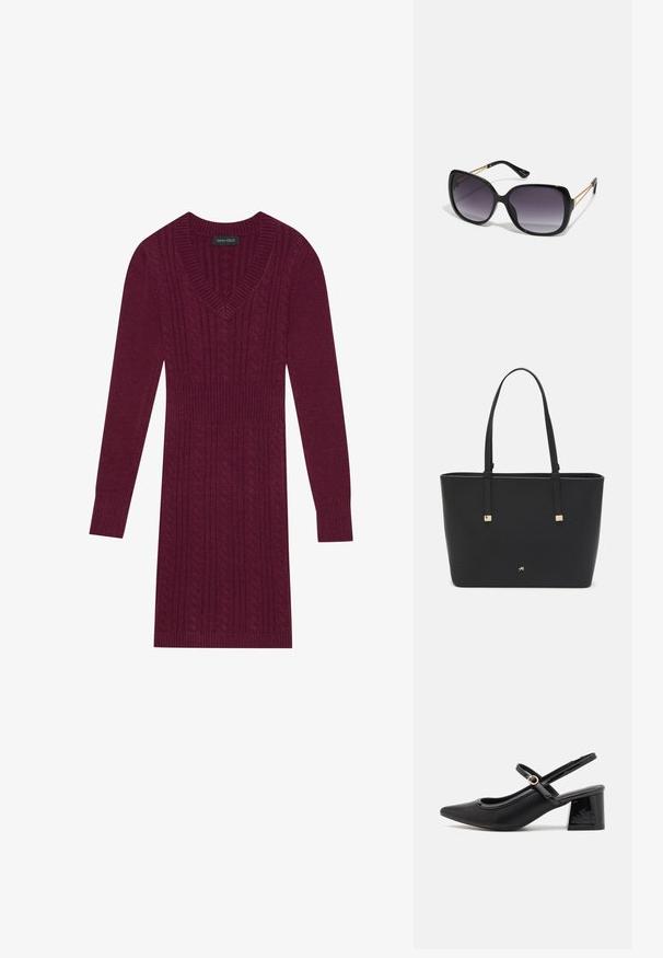 Robe tricotée bordeaux avec un décolleté en V, des manches longues, des manches côtelées et un motif en maille torsadée sur l'ensemble. Conception à taille cintrée.; Escarpins slingback en cuir verni noir avec un embout pointu, un design à découpes arrondies et un talon carré. Présente un accent de boucle en ton doré.; Lunettes de soleil noires surdimensionnées avec des verres dégradés, monture épaisse et détails en chaîne dorée sur les branches.; Sac fourre-tout noir en matériau synthétique, avec un design rectangulaire simple, des accents carrés dorés et des doubles poignées.