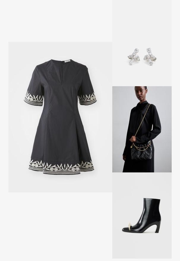 Melnas kleitas ar pieguļošu augšu, izplesto svārku un īsām piedurknēm, kurām ir sarežģīti izšūti balti ziedu raksti pie aprocēm un apakšmalas.; Melnas potītes zābaki, izgatavoti no spīdīgas ādas, ar smailu purngalu un dekoratīvu zelta un sudraba akcentu priekšpusē. Bloka papēža dizains.; Melna kvadrātveida ādas rokassomiņa ar salocītu augšu, zelta ķēdes siksnu un taisnstūra formu, turēta pret vienkāršu fona.; Sudraba krāsā auskari ar caurspīdīgām, mirdzošām akmens formām, tostarp apaļām un marquise, sakārtoti ziedu dizainā.