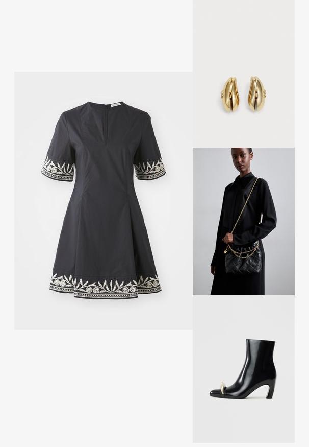 Crna haljina s tijesnim korzetom, otvorenom suknjom i kratkim rukavima koji imaju fini izvezeni bijeli cvjetni uzorak na rubovima i donjem dijelu.; Crne gležnjače od sjajne kože, s šiljatim vrhom i dekorativnim zlatnim i srebrnim elementom sprijeda. Dizajn s blok petom.; Crna naslagana kožna torba s naboranim vrhom, zlatnim lančićem i pravokutnim oblikom, držana uz jednostavnu pozadinu.; Naušnice zlatne boje s fluidnim, zakrivljenim dizajnom. Svaka naušnica ima glatku površinu i mali zatvarač s ukrasnim detaljem.