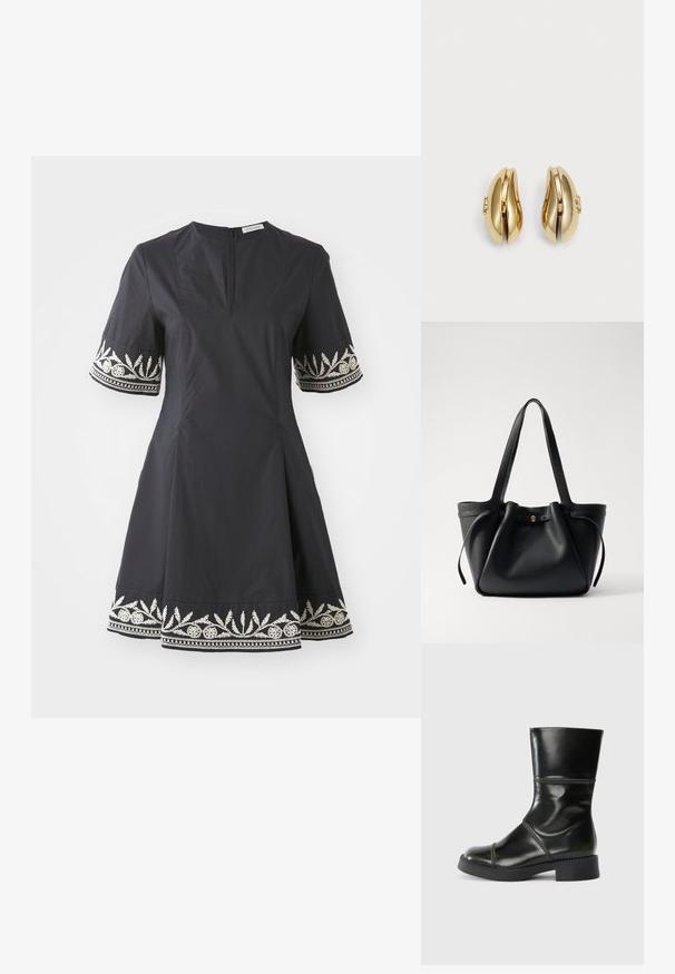 Crna haljina s tijesnim korzetom, otvorenom suknjom i kratkim rukavima koji imaju fini izvezeni bijeli cvjetni uzorak na rubovima i donjem dijelu.; Crne kožne gležnjače s zaobljenim vrhom, glatkom završnom obradom, kontrastnim šavovima i blok petom, koje imaju blago sužen siluetu.; Crna kožna torba za nošenje s dva dugačka remena, skupljenim vrhom i zlatnim okruglim detaljem. Glatka tekstura s minimalističkim dizajnom.; Naušnice zlatne boje s fluidnim, zakrivljenim dizajnom. Svaka naušnica ima glatku površinu i mali zatvarač s ukrasnim detaljem.