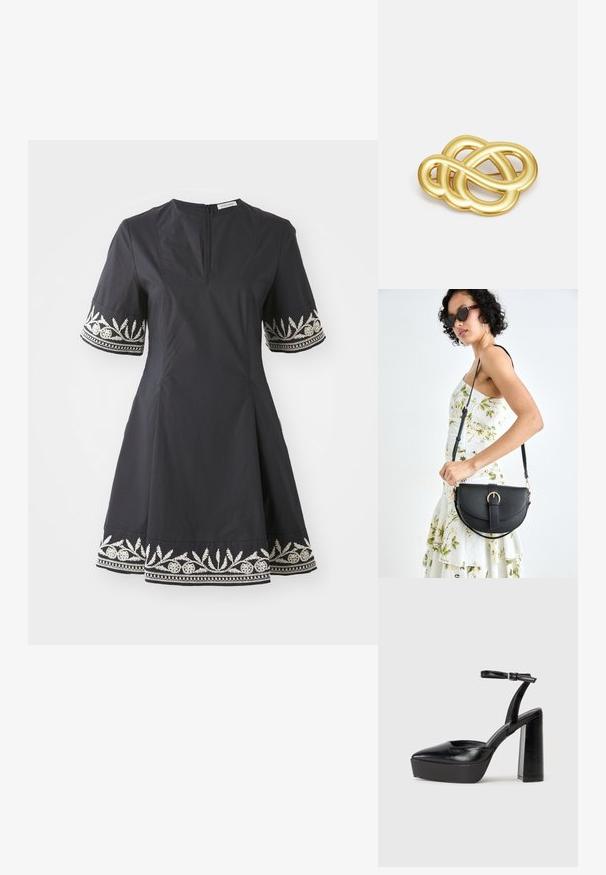 Vestido negro con un corsé ajustado, falda acampanada y mangas cortas, que presenta intrincados bordados de patrones florales blancos en los puños y el dobladillo.; Zapatos de tacón negro con punta afilada y correa ajustable en el tobillo. Confeccionados en cuero suave, presentan un tacón grueso.; Bolso de piel negra con forma curva, correa desmontable y herrajes dorados. El bolso cuenta con una solapa con un detalle de hebilla.; Broche en tono dorado con un diseño anudado que presenta líneas suaves y curvas, con una forma intrincada que refleja un acabado pulido.