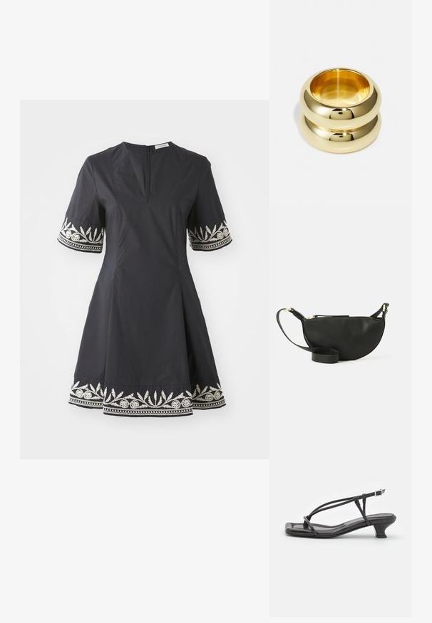 Čierne šaty s priliehavou korzetovou časťou, rozšírenou sukňou a krátkymi rukávmi, ktoré majú na manžetách a leme zložitý vyšívaný biely kvetinový vzor.; Čierne kožené sandále s tenkými remienkami, nízkym blokovým opätkom a štvorcovou špičkou. Majú pracku na uzatvorenie a hladký povrch.; Čierna kožená crossbody taška v tvare polmesiaca, s textúrovaným povrchom, zlatým zipsom a plochým popruhom. Kompaktný dizajn vhodný pre nevyhnutnosti.; Zlatý dvojitý prsteň s hladkým, zaobleným dizajnom. Odrazová plocha s lesklým povrchom. Viditeľný vnútorný priemer, ktorý zdôrazňuje tvar a textúru.
