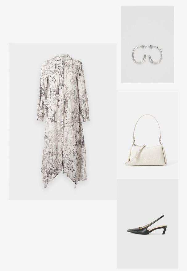 Hosszú, könnyű ruha, amely virágmintával díszített, fekete árnyalatokban, világos háttérrel. Különleges nyakkal és megkötős derékkal rendelkezik.; Fekete, hegyes orrú, slingback cipő alacsony sarkával, sima bőrből készült, oldalt kivágott deisgnal a légáteresztőképesség érdekében.; Fehér kézitáska sima textúrával, ívelt sziluettel és állítható vállpánttal. Diszkrét logó minta és ezüstszínű kiegészítők jellemzik.; Ezüst karika fülbevalók sima, fényes felülettel. Lekerekített forma, könnyű kialakítással, tűs zárómechanizmussal.