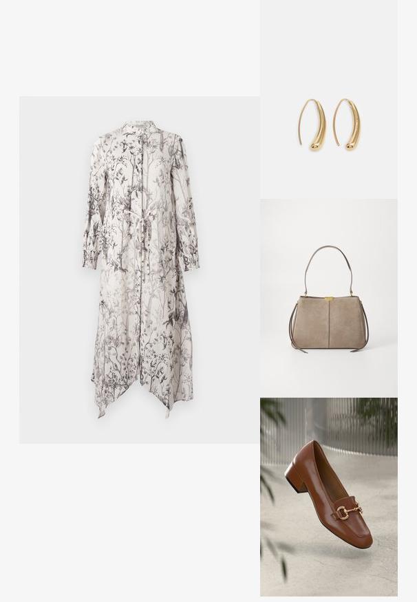 Hosszú, könnyű ruha, amely virágmintával díszített, fekete árnyalatokban, világos háttérrel. Különleges nyakkal és megkötős derékkal rendelkezik.; Barna lakkbőr loaferek négyzet alakú orral, fém lánc díszítéssel és alacsony blokk sarkú kialakítással; sima textúra, minimalista design.; Tommy Hilfiger CASUAL SHOULDER BAG - Kézitáska - coastal taupe; Aranyszínű fémből készült karika fülbevalók ívelt, hosszúkás formával. Simaságával és fényes felületével, valamint lekerekített végével további részletekkel bővül.