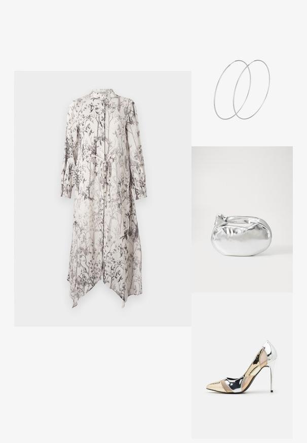 Pikk, kerge kleit, mis on kaunistatud lillemustriga mustade toonidega heledal taustal. Sisaldab kraed ja sidumisdetaili.; Kitsas toe kõrge kontsaga kingad, millel on hõbedane, kuldne ja nude värvilahendus. Läikiv viimistlus lõikekujundusega, stiletto konts.; Hõbedane metallikoti kott pehme, ümar kuju ja sõlme ülemise sulgemisega. Valmistatud siledast kunstnahast materjalist.; Hõbedased rõngastikkaehingad minimalistlikus disainis. Ümar kuju, sile tekstuur ja õhuke profiil. Kerged ning poleeritud viimistlusega.