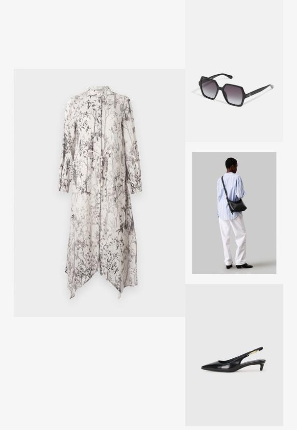 Dlouhé, lehké šaty s květinovým vzorem v odstínech černé na světlém pozadí. Obsahují límeček a detaily s opaskem na zavázání.; Černé kožené boty na podpatku s otevřenou patou a špičatou špičkou, s tenkým podpatkem a zlatým akcentem na nastavitelném pásku. Hladký povrch.; Černé hexagonální sluneční brýle se stupňovitou čočkou, s lesklým povrchem a jemným logem na spánku. Odolná plastová konstrukce.; Černá kožená kabelka přes rameno s jemnou texturou, trojúhelníkovým tvarem a nastavitelným popruhem, v kombinaci se světle modrou pruhovanou košilí a bílými kalhotami.