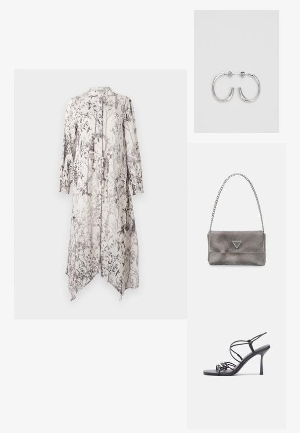 Garā, viegla kleita ar ziedu rakstu melnbaltās krāsās uz gaiša fona. Ietver apkakli un jostas detaļu ar saišu.; Melnas augstpapēžu sandales ar plāniem siksniņām un mezgla dizainu, gluda kvadrātveida purngalu un elegantu stiletto papēdi.; Gaiši pelēka metāla rokassoma ar ķēdes siksnu, rotāta ar mazām apaļām metāla kniedēm un trīsstūra zīmola logo.; Sudraba riņķveida auskari ar gludu, spīdīgu apdari. Apaļas formas, viegla dizaina, ar aizdari uz stieples.