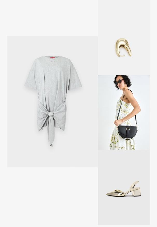 Šedé tričko vyrobené z měkké bavlny s kulatým výstřihem, krátkými rukávy a uzlovým detailem v pase. Žádné vzory ani grafika.; Kovové zlaté pantofle na podpatku s špičatou špičkou a masivním podpatkem. Hladký povrch, minimalisticý design a úzký pásek.; Černá kožená kabelka s křivkovým tvarem, odnímatelným popruhem a zlatými detaily. Kabelka má klopu s přezkou.; Náušnice ve zlatém tónu z kovu s elegantním zakřiveným designem. Vyznačují se jedinečným špičatým tvarem, lesklým povrchem a závěsem na kloub.