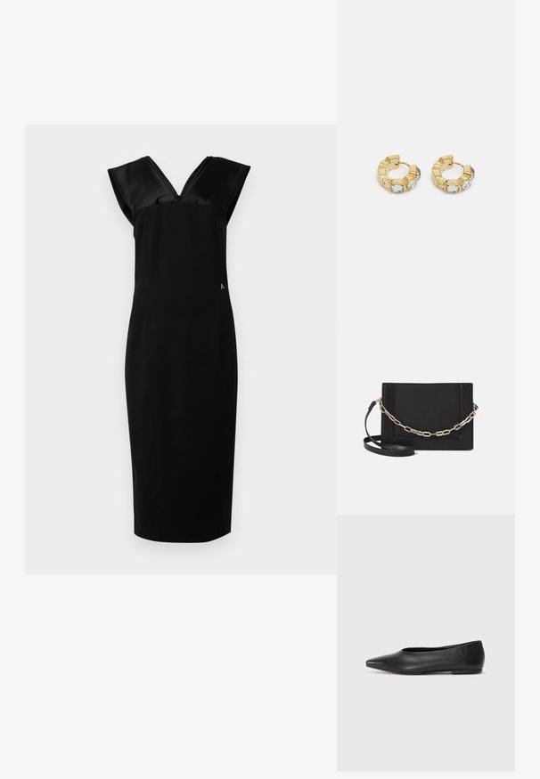 Czarna sukienka o dopasowanej sylwetce, z rękawami w stylu czapki z satyny, dekoltem w kształcie litery V i subtelnym akcentem po bokach. Gładka tekstura materiału, do kolan.; Czarne baleriny z lakierowanej skóry, spiczasty nosek, minimalistyczny design, gładka faktura, niskie obcasy, bez widocznych elementów metalowych czy ozdób.; Czarna skórzana torebka typu crossbody z gładką teksturą, prostokątnym kształtem oraz metalowym detalem w postaci łańcuszka z przodu. W zestawie regulowany pasek.; Złote kolczyki w kształcie obręczy z teksturowanym fasonem i trzema przezroczystymi kryształkami po jednej stronie, oferujące nowoczesną, geometryczną estetykę.