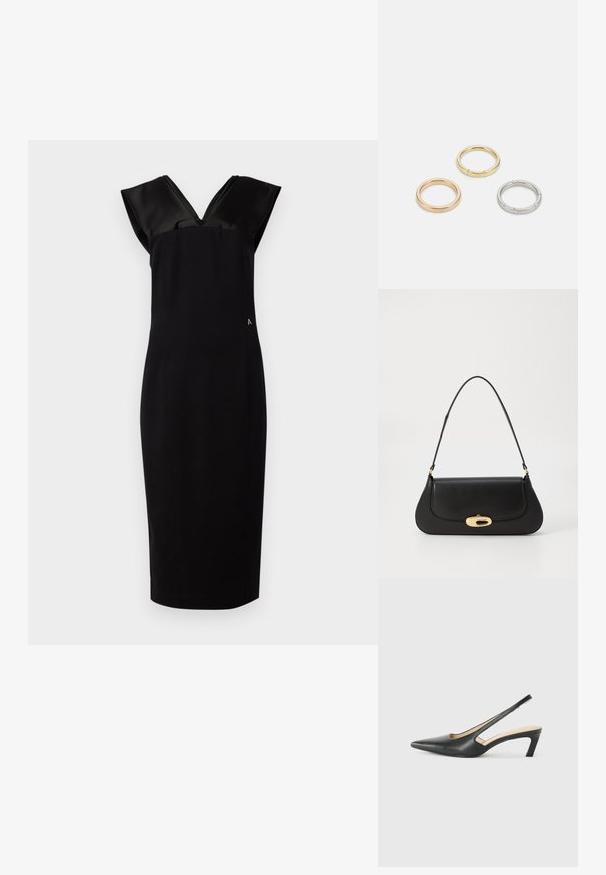 Robe noire avec une silhouette ajustée, manches en satin en forme de cap, décolleté en V et accent latéral subtil. Texture de tissu lisse, longueur au genou.; Slingback noir à bout pointu avec un petit talon, en cuir lisse et doté d'un design découpé sur le côté pour plus de respirabilité.; Sac à main en cuir noir avec un design incurvé, matériel doré et une poignée sur le dessus. Présente une fermeture élégante et une texture lisse.; Trois anneaux en métal : un en or rose, un en or avec des accents texturés, et un en argent, tous avec une gravure de marque à l'intérieur de la bande.