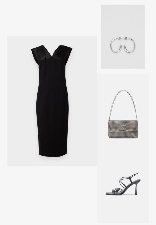 Čierne šaty s priliehavou siluetou, saténovými rukávmi v štýle cap, V-výstrihom a jemným bočným akcentom. Hladká textúra látky, dĺžka po kolená.; Čierne sandále na vysokom podpätku majú tenké remienky s uzlovým dizajnom, hladký štvorcový špičku a elegantný stiletto podpätok.; Svetlošedá metalická kabelka s reťazovým popruhom, ozdobená malými kruhovými kovovými štítkami a trojuholníkovým logom značky.; Strieborné kruhové náušnice s hladkým a lesklým povrchom. Okrúhly tvar, ľahký dizajn, s uzáverom na kolík.
