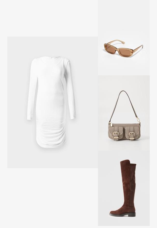 Rochie albă cu mânecă lungă, confecționată dintr-un material neted, având un guler rotund și o textură plisată pe talie. Design simplu și ajustat.; Botă înaltă din suede și țesătură maro, cu toc negru jos și vârf rotund, prezentată dintr-o laterală pe un fundal alb simplu.; Ochelari de soare cu tintă căprie, cu formă rectangulară, ramă din plastic transparent căprie și detalii subtile ale logo-ului pe laterale.; Geantă bej texturată, cu curea ajustabilă, două buzunare frontale asigurate cu catarame și accente din metal aurit. Închidere cu fermoar în partea de sus.