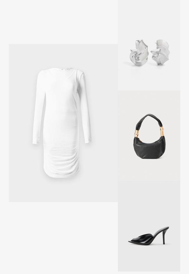 Dlhý rukáv, biele šaty vyrobené z hladkej tkaniny, s okrúhlym výstrihom a naťahovanou textúrou okolo pásu. Jednoduchý a priliehavý dizajn.; Čierne kožené vysoké podpätky s otvorenou špičkou, špicatý dizajn, hladká textúra a štíhly stiletto podpätok.; Čierna kožená kabelka s guľatým tvarom, príjemnou textúrou a uzlíkovou rukoväťou s akcentmi zlatého tónu. Zipsové uzatvorenie.; Strieborné náušnice s plynulým, špirálovým dizajnom. Hladký povrch s lešteným finišom. Majú jemný lesk a žiadne viditeľné ozdoby.