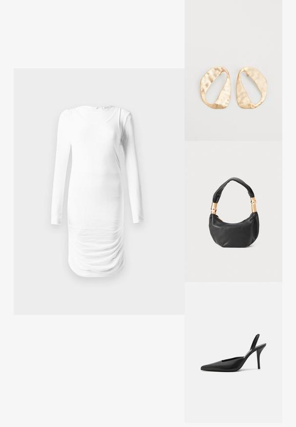 Vestido de manga longa, branco, feito de tecido suave, com decote redondo e textura franzida ao longo da cintura. Design simples e ajustado ao corpo.; Sapatos de salto aberto pretos com biqueira afiada, material de couro suave e um design elegante e minimalista. Salto alto de agulha.; Mala de mão em couro preto com forma redonda, textura suave e alça com nó, apresentando detalhes em metal dourado. Fecho em zíper.; Par de brincos irregulares em forma oval, feitos de metal dourado, com uma superfície texturizada e ligeiramente martelada, sobre um fundo branco.