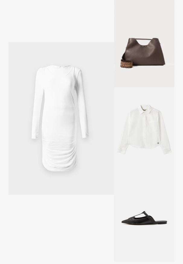 Witte jurk met lange mouwen, gemaakt van gladde stof, met een ronde halslijn en geplooide textuur rondom de taille. Eenvoudig en aansluitend ontwerp.; Witte, cropped, langemouwen shirt van katoen. Heeft een knoopsluiting aan de voorkant, een borstzak en een klein zwart logo op de linksonder.; Zwarte leren slingback schoen met een puntige neus, voorzien van een gevlochten accent en geplooid ontwerp aan de bovenkant. Platte zool met minimale hardware.; Bruine leren handtas met een gestructureerde afwerking, hoekig ontwerp en een kenmerkende bovenhandgreep. Beschikt over een gestreepte geweven riemdetail.