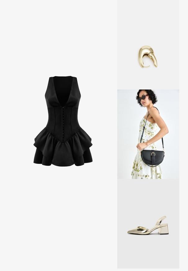 OW Collection AUGUSTA - Trikoomekko - black; Kultaiset, metalliset slingback-kengät, joissa on teräväkärkiset ja paksut korot. Sileä pinta, minimalistinen muotoilu ja kapea hihna.; Musta nahkainen käsilaukku, joka on kaareva muotoilultaan, irrotettavalla hihnalla ja kultaisilla yksityiskohdilla. Laukussa on läppä, jossa on solk yksityiskohta.; Kultahipuinen korvakoru, jossa on sulavalinjainen, kaareva muotoilu. Ominaisuuksiin kuuluu erottuva terävä muoto, kiillotettu pinta ja sarana kiinnitys.