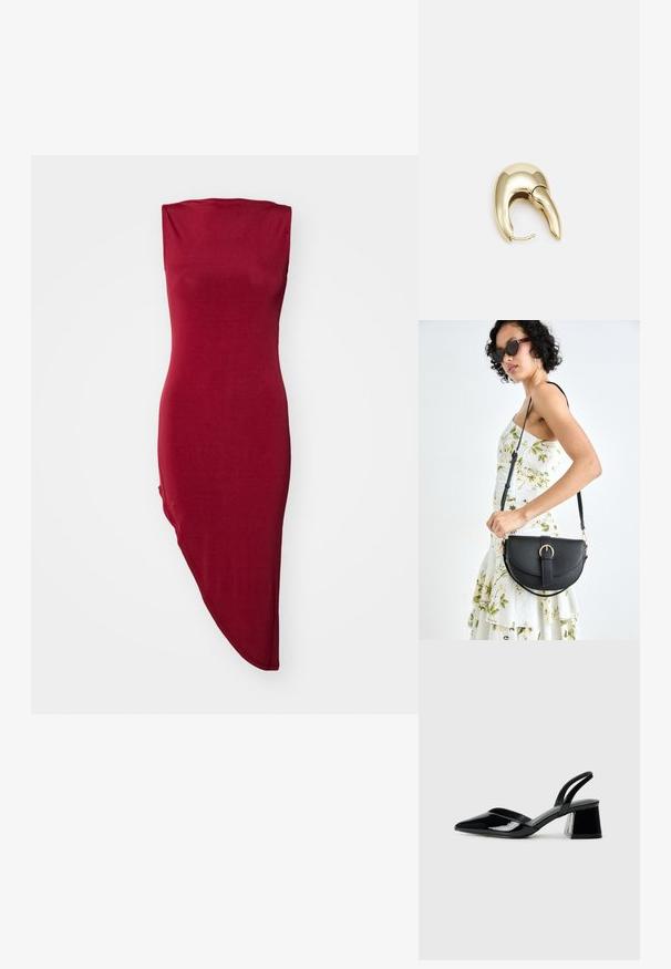 Vestido vermelho, justo ao corpo e sem mangas, com um corpete ajustado e bainha assimétrica. Tecido macio e suave com um leve brilho.; Sandy em verniz preto com salto slingback, ponta afilada e salto geométrico. Apresenta um design elegante e minimalista com textura suave.; Bolsa de couro preta com forma curva, alça destacável e detalhes em dourado. A bolsa possui uma aba com detalhe de fivela.; Brinco em metal dourado com um design elegante e curvo. Apresenta uma forma pontiaguda distinta, superfície polida e fecho por dobradiça.