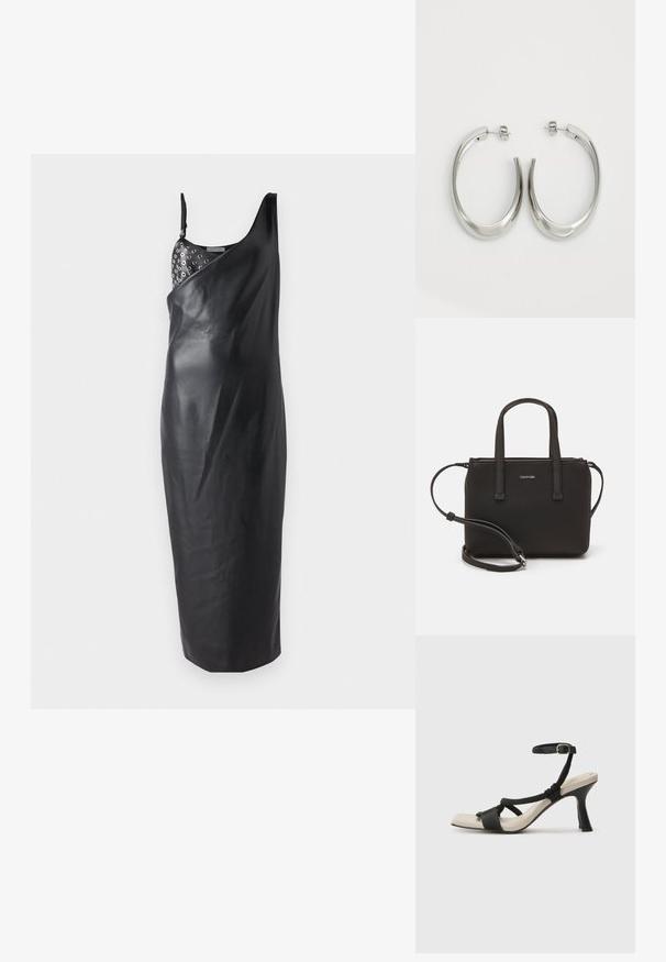 Čierne kožené midi šaty s jedným ramienkom, zdobené dekoratívnym, kovovým grometovým vzorom na výstrihu a hladkou textúrou.; Čierne sandále na podpätku s pleteným pásikom, štvorcovou špičkou a nastaviteľným remienkom okolo členka. Svetlobéžová stielka s lesklým čiernym podpätkom.; Čierna kabelka s dvojitými krátkymi rúčkami a odnímateľným ramenným popruhom. Hladký materiál podobný koži s uzatváraním na zips a detailom loga.; Strieborné kruhové náušnice s hladkým, zakriveným dizajnom. Majú lesklý kovový povrch a zapínanie na kolík. Žiadne viditeľné vzory ani akcenty.