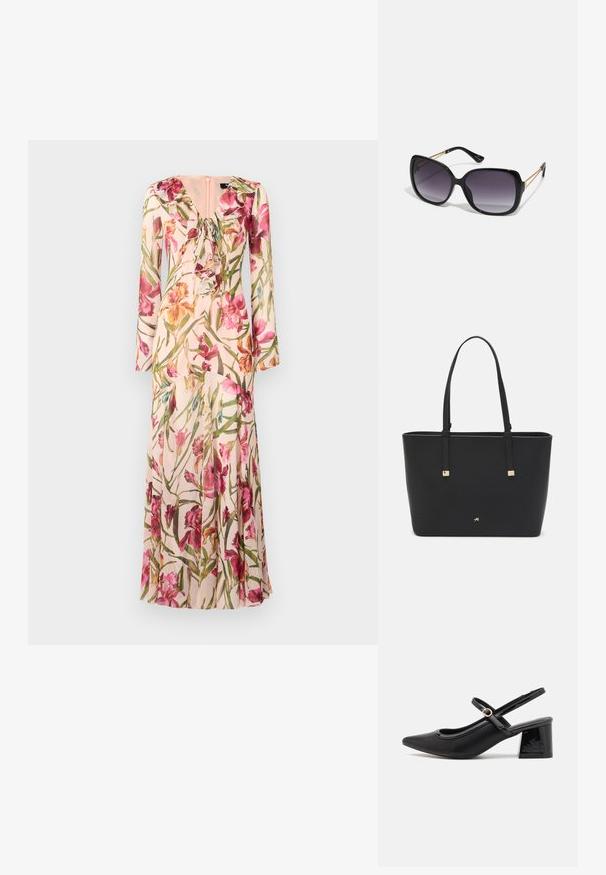 Kukallinen pitkä mekko, jossa on pehmeä vaaleanpunainen tausta, kirkkaan pinkkejä ja keltaisia kukkia, röyhelökaulus ja pitkät hihat.; Musta lakattu nahka slingback-korkokengät, joissa on terävä kärki, pyöreä aukko-muotoilu ja lohkokorko. Varustettu kultasävyisellä solkiyksityiskohdalla.; Mustat ylisuurten kehysten aurinkolasit, joissa on liukuväri-linssit, paksut kehykset ja kultasävyiset ketjustuskoristeet temppeleissä.; Mustat olkalaukku, joka on valmistettu synteettisestä materiaalista, yksinkertainen suorakulmainen muotoilu, kultaiset nelikulmaiset yksityiskohdat ja kaksoiskahvat.