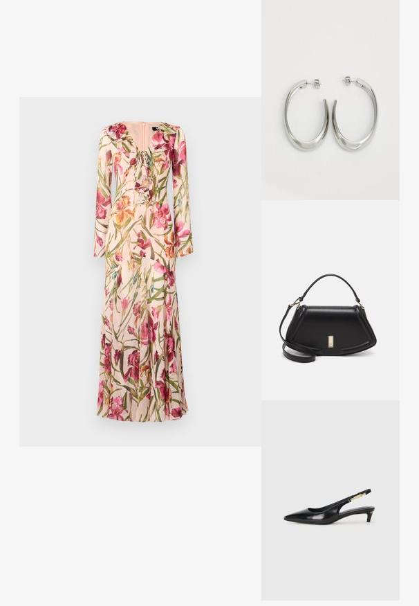 Blomstret lang kjole med en blød pink baggrund, livlige pink og gule blomster, flæset halsudskæring og lange ærmer.; Sorte læder slingback hæle med spids tå, der har en slank hæl og en guldfarvet detalje på den justerbare rem. Glat tekstur.; Sort læderhåndtaske med en struktureret design, der har en kortet form, tophåndtag og guld hardware-accenter. Justerbar skulderrem inkluderet.; Sølv hoops øreringe med et glat, buet design. Har en skinnende metallisk finish og studs-lukning. Ingen synlige mønstre eller accenter.