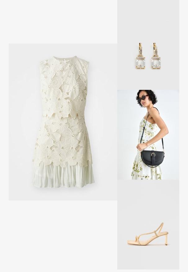 Linnae pitsaga, millel on lillemuster heleses, kihilise disainiga ja õhuline, voolav alumine osa.; Kuldne kõrge kontsaga sandaal, millel on kaunistatud rihmad, ruudukujuline nina ja õhuke ploki konts stabiilsuse tagamiseks.; Mustmust mustraha kõverate joontega, eemaldatava rihmaga ja kuldsete detailidega. Kotil on klapp, millel on pandladetail.; Kuldtooni kõrvarõngad, millel on ristkülikukujuline, selge kristall, mis ripub allapoole väikeste ümmarguste selgete aktsentide rida. Viimistletud, kaasaegne disain.