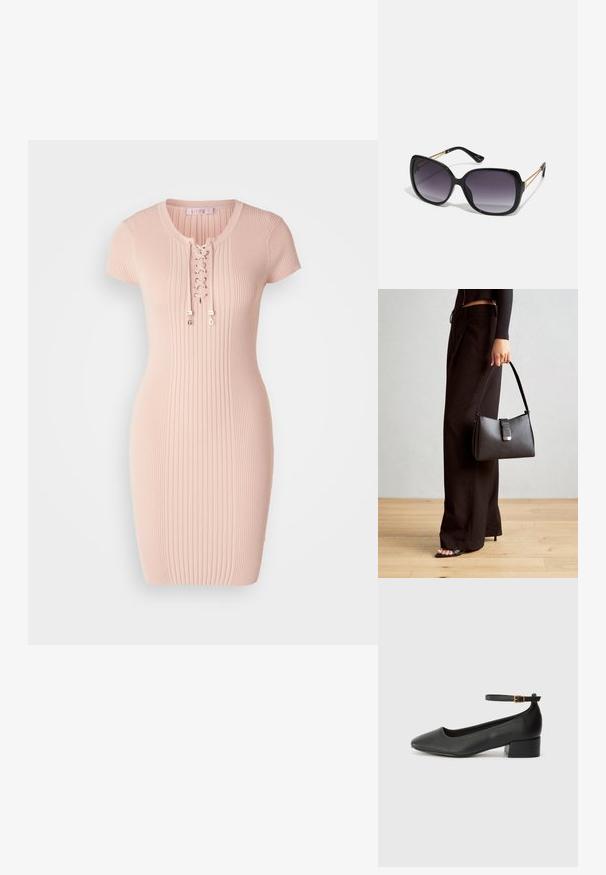 Guess SELENE - Svetríkové šaty - pale sand; Čierne kožené lodičky s špicatou špičkou a nízkym blokovým podpätkom. Obsahuje remienok okolo členka so zlatým prackou. Hladký povrch.; Čierne oversized slnečné okuliare s gradientovými sklíčkami, hrubými rámami a zlatým retiazkovým detailom na stranách.; Čierna kabelka so štruktúrovaným tvarom, hladkou textúrou a kovovou sponou. V kombinácii so širokými čiernymi nohavicami a sandálmi s otvorenou špičkou na drevenej podlahe.