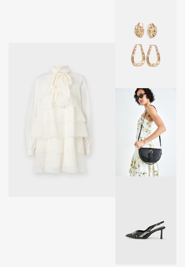 Rochie albă cu volane în straturi, guler tip fundă, mâneci lungi și manșete cu nasturi; țesătură ușoară cu o textură netedă.; Pantofii slingback din piele lăcuită neagră, cu vârf ascuțit, bretele pentru gleznă cu catarame și accesorii din argint, și un toc subțire.; Geantă din piele neagră, cu o formă curbată, curea detașabilă și accesorii aurii. Geanta are un capac cu un detaliu tip cataramă.; Cercei aurii cu forme texturate și ondulate. Include studs sculpturale cu clip și un design de cerc deschis cu un finisaj cioplit.