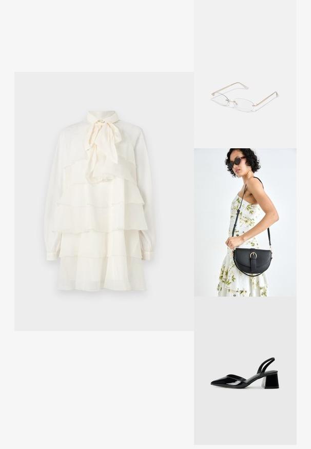 Vestido branco em camadas com um laço ao pescoço, babados em camadas, mangas compridas e punhos com botão; tecido leve com uma textura suave.; Sandy em verniz preto com salto slingback, ponta afilada e salto geométrico. Apresenta um design elegante e minimalista com textura suave.; Óculos de metal dourado com lentes ovais, hastes finas e almofadas nasais transparentes. Apresenta acentos sutis nas dobradiças e lentes transparentes.; Bolsa de couro preta com forma curva, alça destacável e detalhes em dourado. A bolsa possui uma aba com detalhe de fivela.