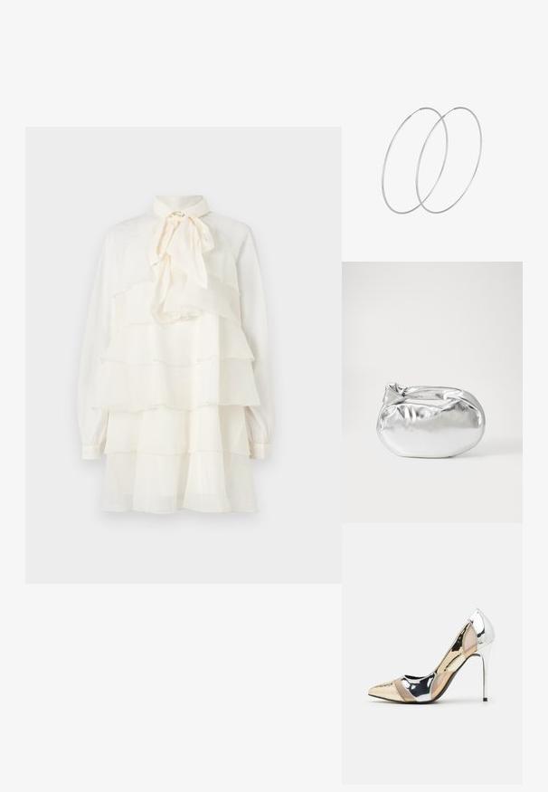 Bijela slojevita haljina s mašnom oko vrata, slojevitim volanima, dugim rukavima i manžetom na dugmad; lagani materijal s glatkom teksturom.; Cipele s visokom potpeticom i špicastim vrhom u srebrnoj, zlatnoj i nude boji. Sjajan finiš s izrezbarenim dizajnom, s potpeticom u obliku stiletto.; Srebrna metalik torbica s mekim, zaobljenim oblikom i čvorastim zatvaranjem na vrhu. Izrađena od glatke sintetičke kože.; Srebrne okrugle naušnice s minimalističkim dizajnom. Kružni oblik, glatka tekstura i tanak profil. Lagane s poliranim završetkom.