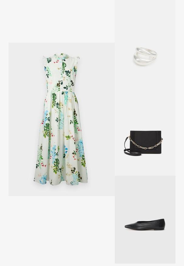 Cvečni midi obleka s kratkimi volančki, zeleni in modri vzorec na tkanini, spredaj zapenjanje na gumbe ter oprijet pas, ki vodi do sijoče krila.; Črne usnjene balerinke, koničast toe, minimalističen dizajn, gladka tekstura, nizka peta, brez vidnih kovinskih delov ali okraskov.; Črna usnjena torba čez ramo z gladko teksturo, pravokotno obliko in kovinskim verižnim detajlom spredaj. Vključena je nastavljiva naramnica.; Srebrn dvojni prstan z gladko, polirano površino. Ima tekoč, ukrivljen dizajn z prekrivajočimi se sekcijami za sodoben videz.