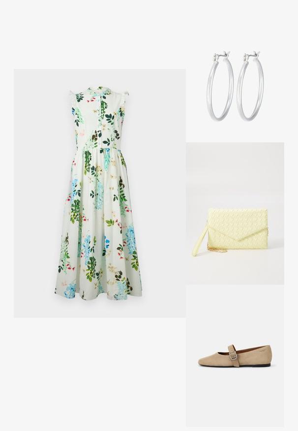 Kvetinové midi šaty s krátkymi volánovými rukávmi, zeleno-modrou vzorovanou látkou, predným zapínaním na gombíky a priliehavým pásom, ktorý vedie k voľnej sukni.; Béžové semišové Mary Jane balerínky s špicatou špičkou a jedným nastaviteľným pásikom so striebornou prackou. Čierna plochá podrážka.; Žltý tkaný clutch peňaženka s preklápacím dizajnom, odnímateľným zápästným remienkom a zlatým reťazovým doplnkom. Hladký povrch a obdĺžnikový tvar.; Strieborné kruhové náušnice s hladkým, lesklým povrchom. Kolový tvar a bezpečné klikanie na uzatváranie. Ľahký dizajn vhodný na každodenné nosenie.
