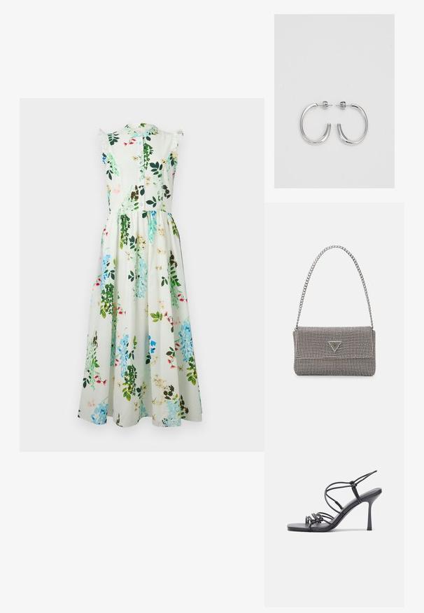 Ziedu midi kleita ar īsām volānu piedurknēm, zaļas un zilas krāsas rakstu audums, priekšpuse ar pogām un piegriezums, kas pieguļ viduklim, vadot uz plūstošu svārku.; Melnas augstpapēžu sandales ar plāniem siksniņām un mezgla dizainu, gluda kvadrātveida purngalu un elegantu stiletto papēdi.; Gaiši pelēka metāla rokassoma ar ķēdes siksnu, rotāta ar mazām apaļām metāla kniedēm un trīsstūra zīmola logo.; Sudraba riņķveida auskari ar gludu, spīdīgu apdari. Apaļas formas, viegla dizaina, ar aizdari uz stieples.